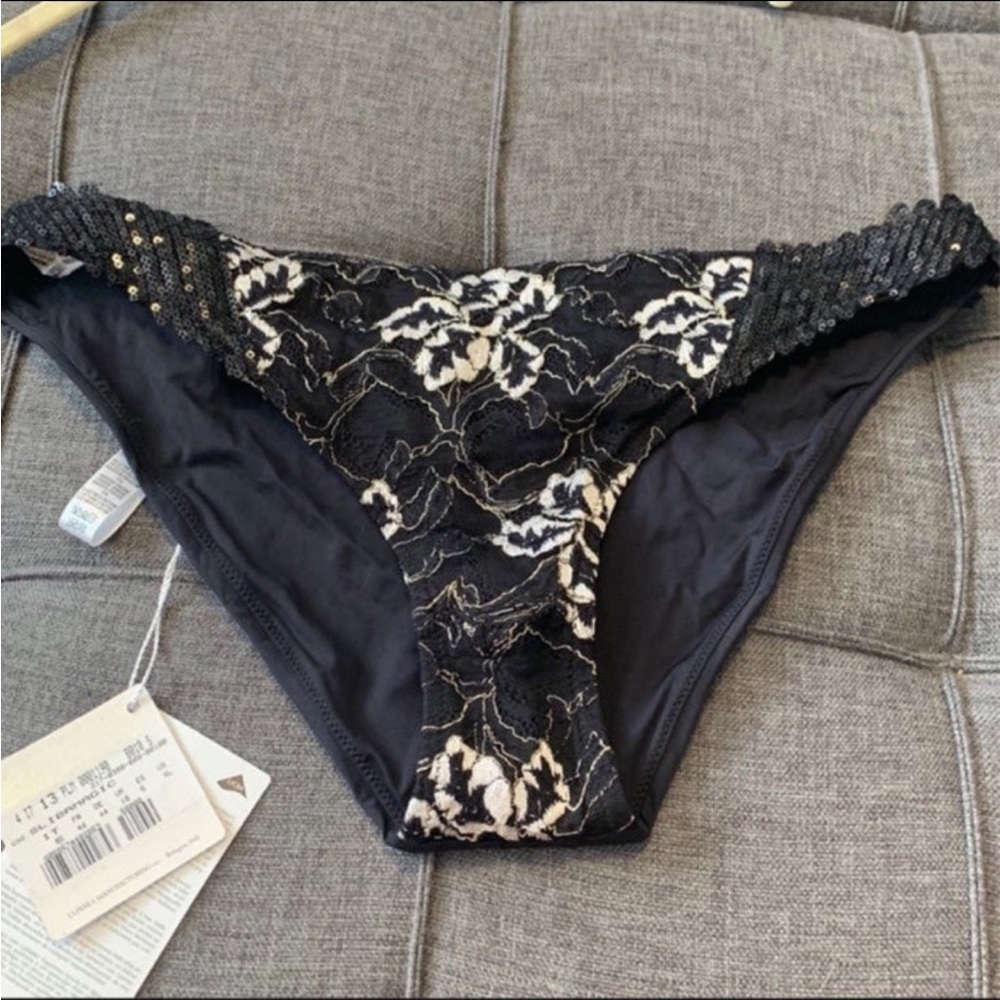 La Perla - Black and Metallic Floral Bikini Bottoms